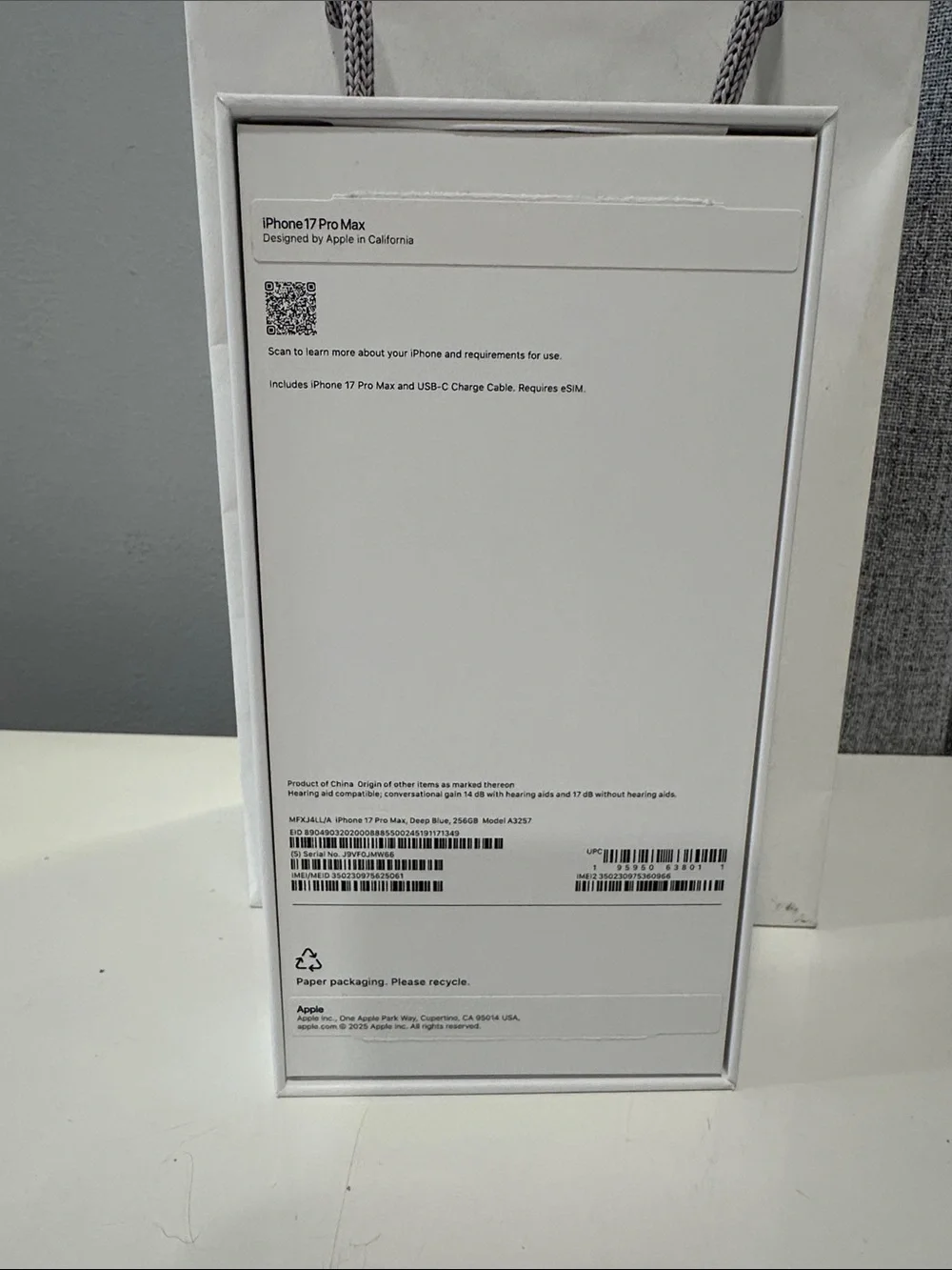 Authentic empty Apple iPhone 17Pro Max - Midnight Blue Finish box and bag.